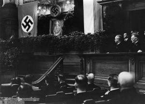 Justizminister Dr. Franz Grtner er”ffnet mit einer Rede die erste Sitzung des Volksgerichtshofes im ehemaligen Herrenhaus in Berlin.